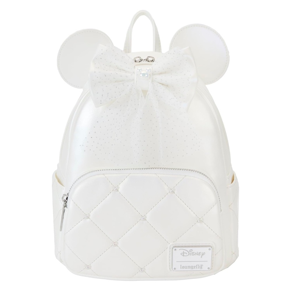 NWT Loungefly White Iridescent Quilted Minnie Mouse Backpack - Wedding, Bride